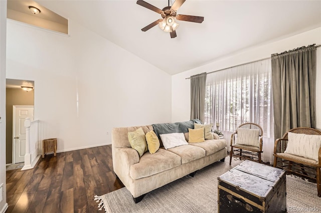 412 Iron St, Brighton, CO 80603 - living room with ceiling fan, high vaulted ceiling, and dark wood-style floors