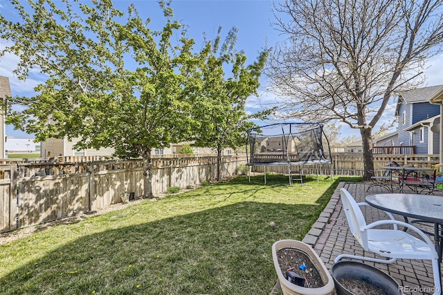 412 Iron St, Brighton, CO 80603 - fenced backyard featuring a trampoline