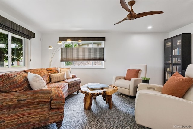 8612 W 69th Pl, Arvada, CO 80004 - living room featuring ceiling fan and recessed lighting
