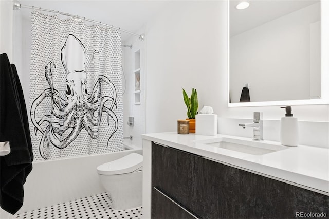 8612 W 69th Pl, Arvada, CO 80004 - bathroom featuring vanity, shower / bathtub combination with curtain, and tile patterned flooring