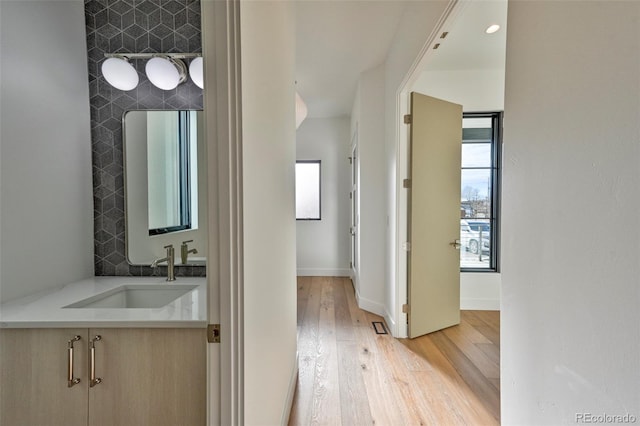 bathroom featuring hardwood / wood-style floors and vanity