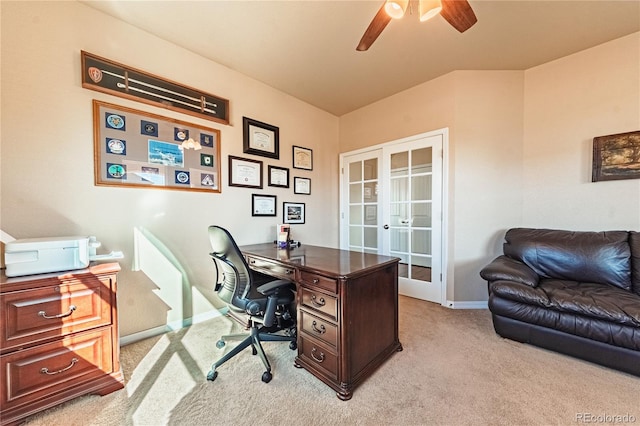 2459 Delicato Ct, Colorado Springs, CO 80921 - office featuring french doors, light colored carpet, a ceiling fan, and baseboards