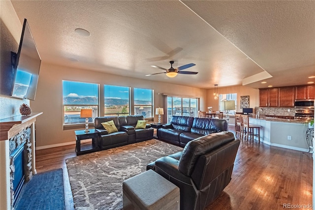 2459 Delicato Ct, Colorado Springs, CO 80921 - living room featuring a textured ceiling, wood finished floors, a ceiling fan, a fireplace, and baseboards