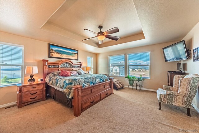 2459 Delicato Ct, Colorado Springs, CO 80921 - bedroom featuring a tray ceiling, light carpet, baseboards, ceiling fan, and a textured ceiling