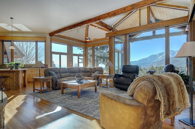 living room with a mountain view, vaulted ceiling with skylight, and light wood-type flooring