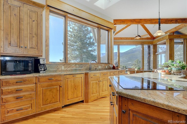 kitchen featuring decorative light fixtures, sink, light hardwood / wood-style floors, black appliances, and a mountain view