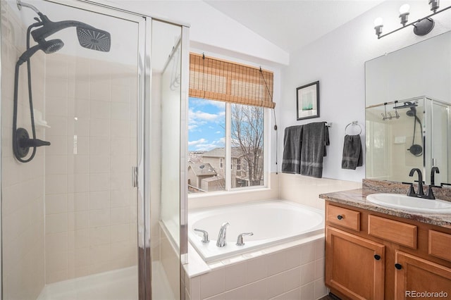 15776 E 107th Way, Commerce City, CO 80022 - bathroom with a stall shower, vanity, lofted ceiling, and a bath