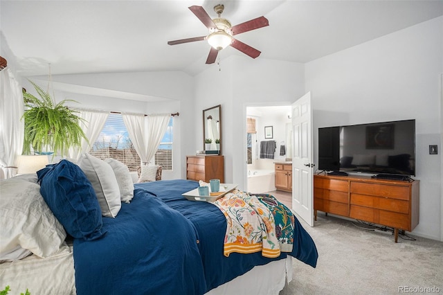 15776 E 107th Way, Commerce City, CO 80022 - bedroom with light colored carpet, lofted ceiling, connected bathroom, and ceiling fan