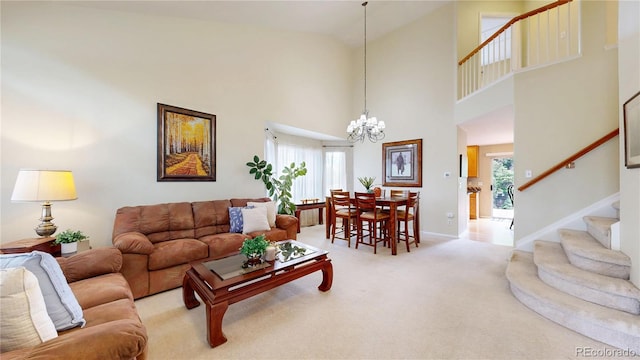 13307 Humboldt Dr, Thornton, CO 80241 - living area featuring a chandelier, stairs, light colored carpet, high vaulted ceiling, and baseboards