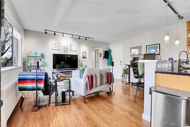 living room featuring radiator heating unit, rail lighting, wood-type flooring, and sink