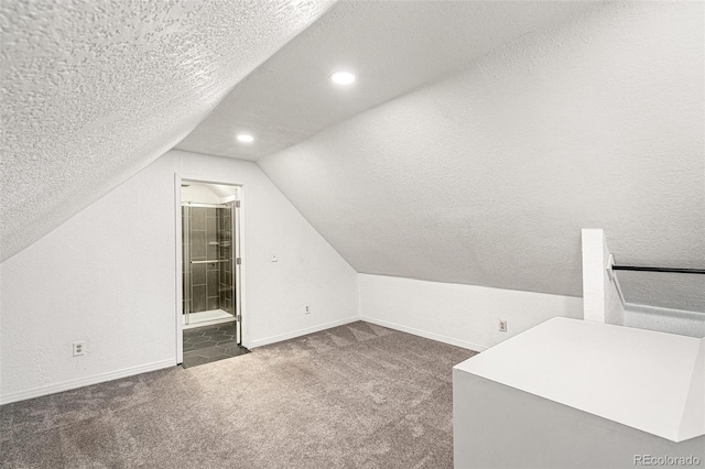 additional living space with carpet floors, lofted ceiling, a textured ceiling, baseboards, and recessed lighting