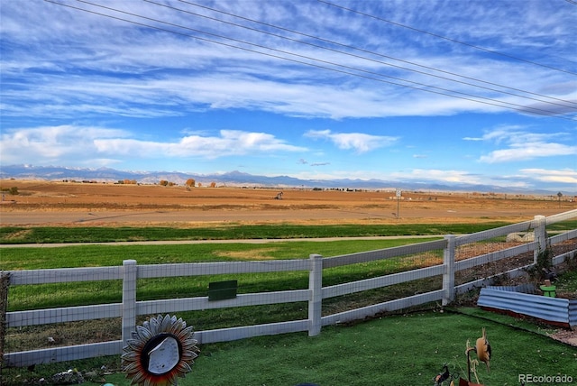 view of yard with a rural view and a mountain view