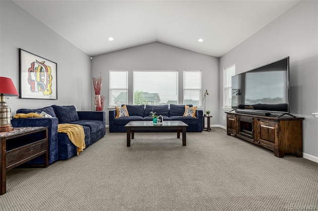 9406 Bross St, Arvada, CO 80007 - living area featuring light carpet, lofted ceiling, and recessed lighting