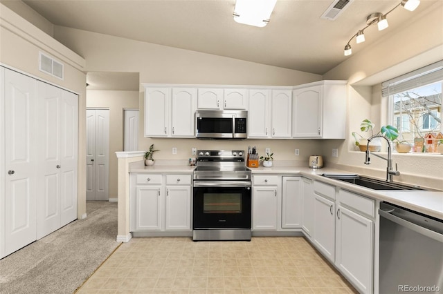 kitchen featuring white cabinetry, sink, stainless steel appliances, and lofted ceiling