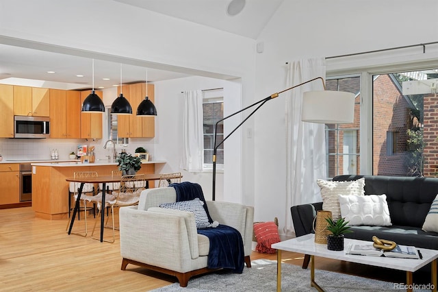 2500 Locust St, Denver, CO 80207 - living room with light wood-type flooring, vaulted ceiling, and recessed lighting