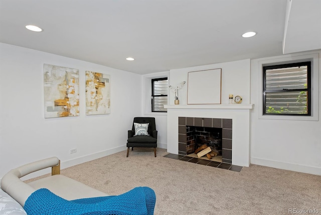 2500 Locust St, Denver, CO 80207 - carpeted living room with a fireplace, recessed lighting, and baseboards