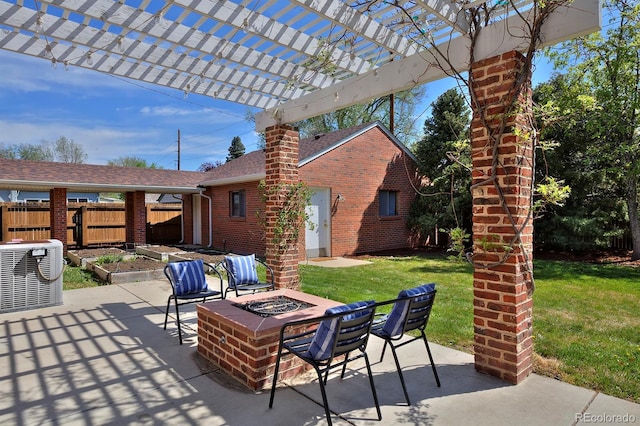 2500 Locust St, Denver, CO 80207 - view of patio with central air condition unit, an outdoor fire pit, and a pergola