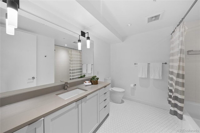 1750 Wewatta St Unit 1301, Denver, CO 80202 - full bathroom featuring toilet, vanity, shower / bath combo with shower curtain, and tile patterned floors