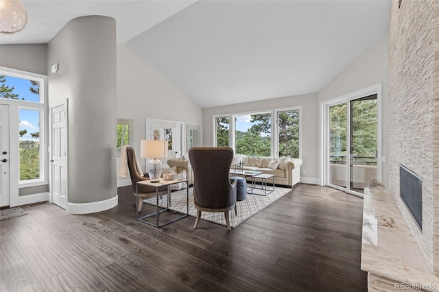 22454 Anasazi Way, Golden, CO 80401 - living room featuring high vaulted ceiling, plenty of natural light, wood finished floors, and a stone fireplace