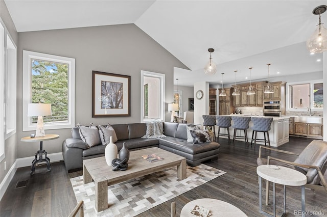 22454 Anasazi Way, Golden, CO 80401 - living area featuring dark wood-style flooring and vaulted ceiling