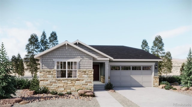 view of front facade featuring concrete driveway, stone siding, and a garage