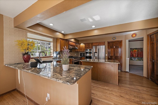 kitchen featuring a sink, light wood finished floors, dark stone countertops, a peninsula, and stainless steel appliances