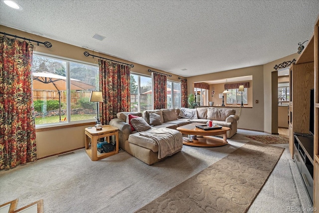 carpeted living area featuring a textured ceiling, baseboards, and visible vents