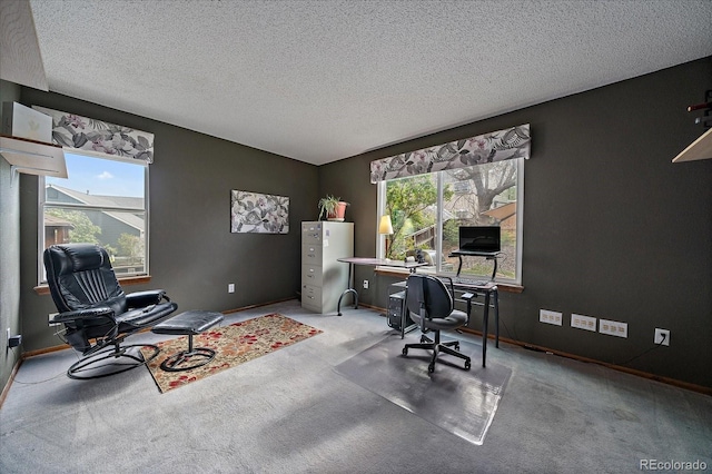 home office with carpet floors, a textured ceiling, and baseboards