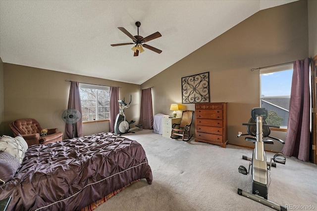 carpeted bedroom featuring a ceiling fan and high vaulted ceiling