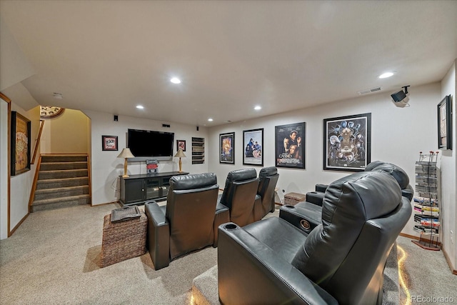 cinema room with baseboards, light carpet, recessed lighting, and visible vents