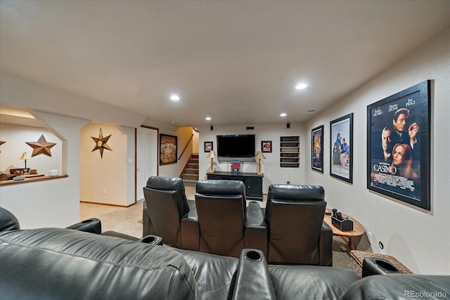 cinema room featuring recessed lighting and light colored carpet