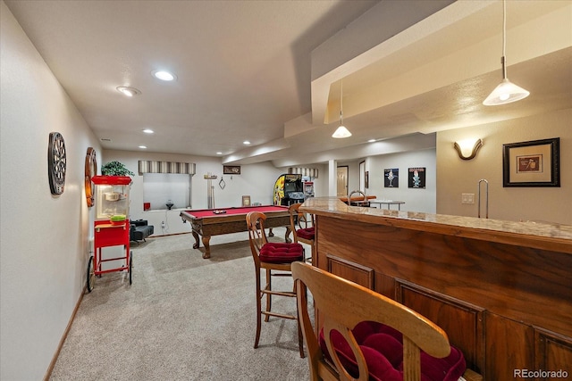 recreation room featuring pool table, baseboards, bar area, carpet, and recessed lighting