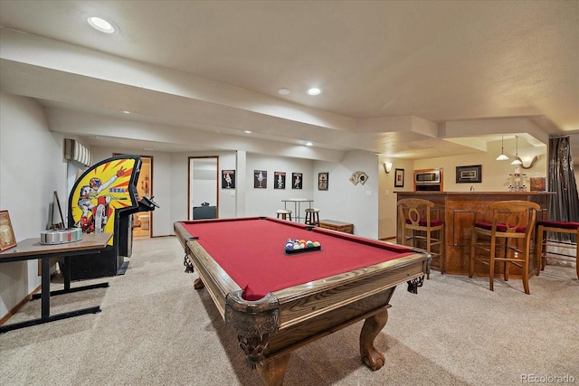 playroom featuring bar area, carpet flooring, recessed lighting, and billiards