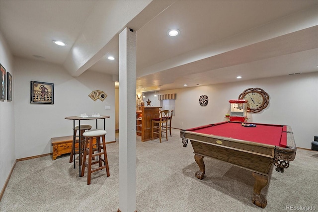 recreation room with recessed lighting, a dry bar, billiards, and carpet