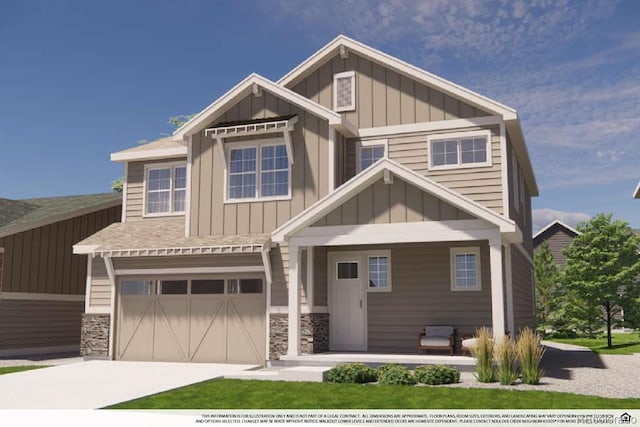 craftsman inspired home featuring a garage, concrete driveway, board and batten siding, and stone siding