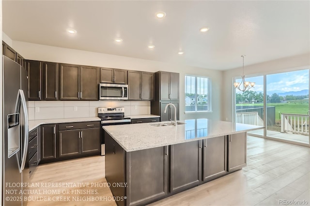 kitchen featuring backsplash, appliances with stainless steel finishes, a sink, an island with sink, and dark brown cabinets