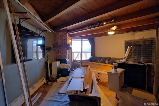 miscellaneous room with light wood-type flooring, ceiling fan, beam ceiling, and wooden ceiling