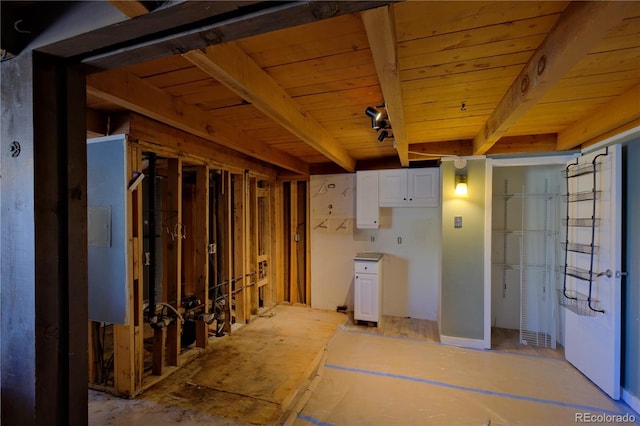 basement with wood ceiling