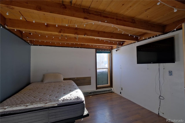 bedroom with wooden ceiling, dark wood-type flooring, and beam ceiling