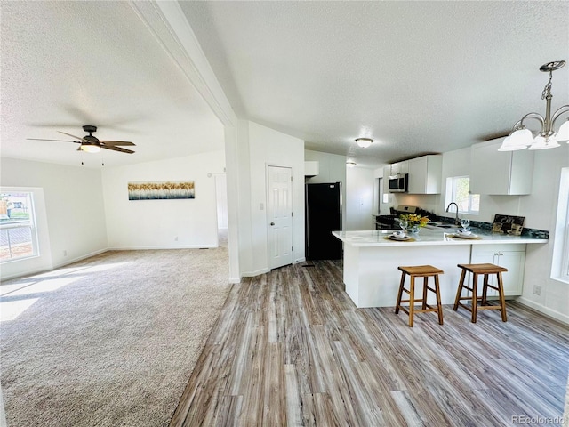 kitchen with light hardwood / wood-style floors, lofted ceiling, white cabinetry, kitchen peninsula, and stainless steel appliances