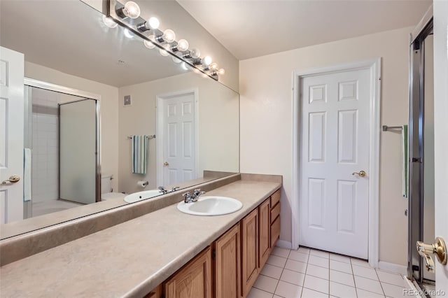 bathroom with tile patterned flooring, toilet, a shower stall, and vanity