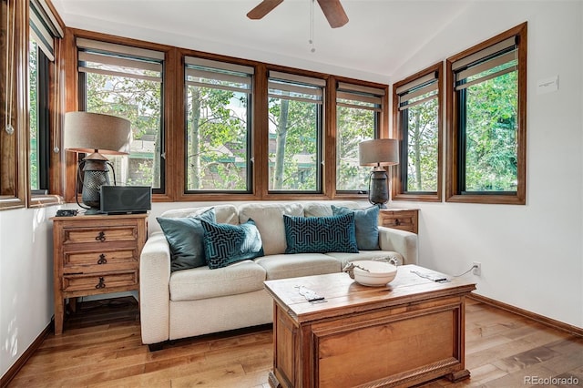180 Nottingham Rd Unit C, Avon, CO 81620 - living room featuring ceiling fan, vaulted ceiling, and light wood-style floors