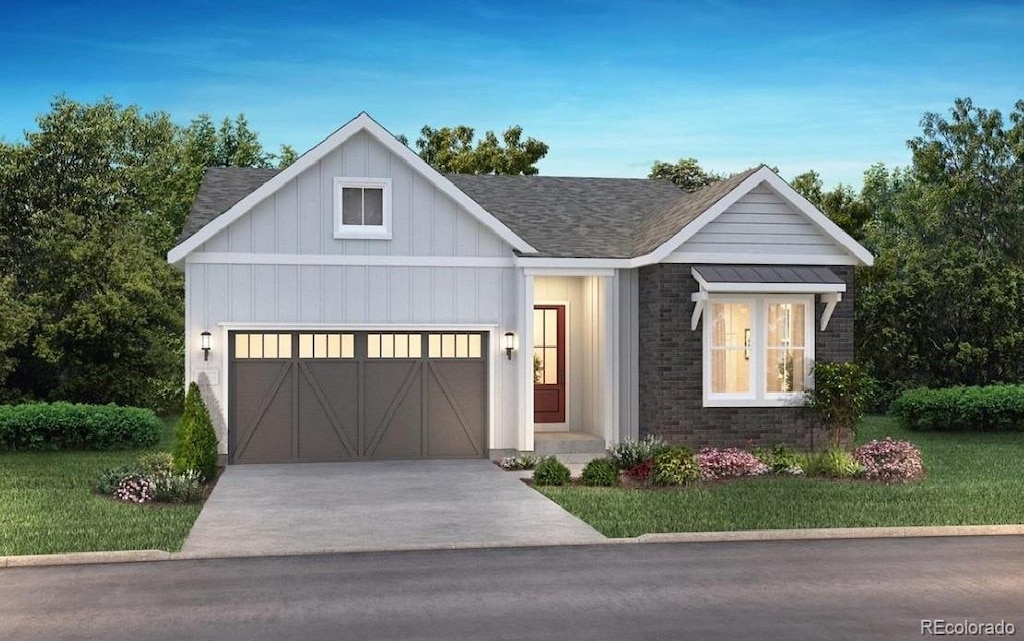 modern farmhouse featuring an attached garage, brick siding, concrete driveway, roof with shingles, and board and batten siding