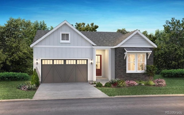 modern farmhouse featuring an attached garage, brick siding, concrete driveway, roof with shingles, and board and batten siding