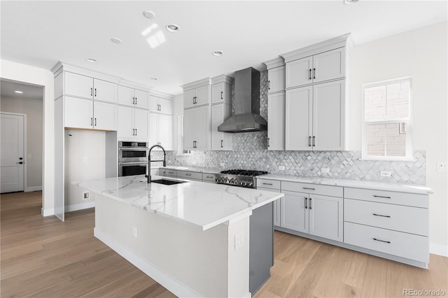 kitchen with a sink, appliances with stainless steel finishes, tasteful backsplash, and wall chimney exhaust hood