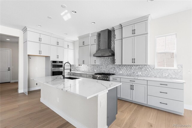6675 Fawn Path Ln, Castle Pines, CO 80108 - kitchen with a sink, appliances with stainless steel finishes, tasteful backsplash, and wall chimney exhaust hood