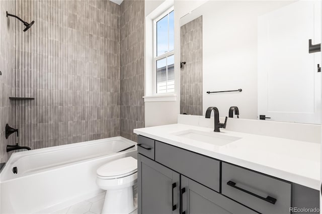 full bathroom with shower / bathtub combination, tile patterned floors, vanity, and toilet