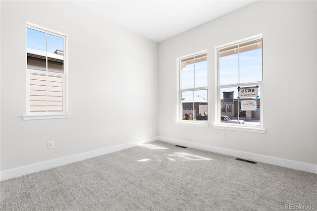 spare room with visible vents, plenty of natural light, and carpet