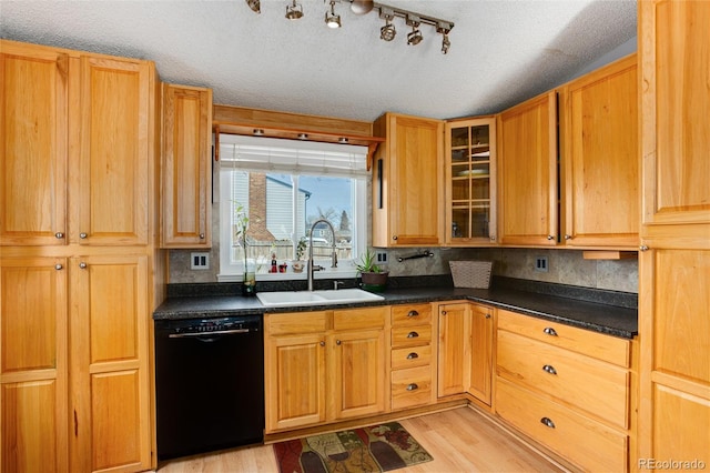 kitchen featuring dishwasher, light wood-type flooring, a textured ceiling, and sink