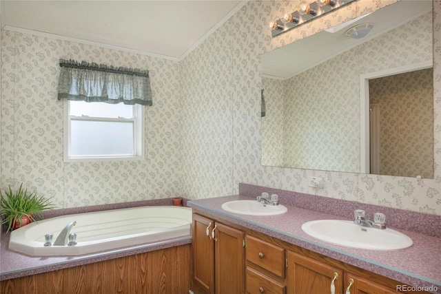 bathroom with dual sinks, oversized vanity, and a bathing tub